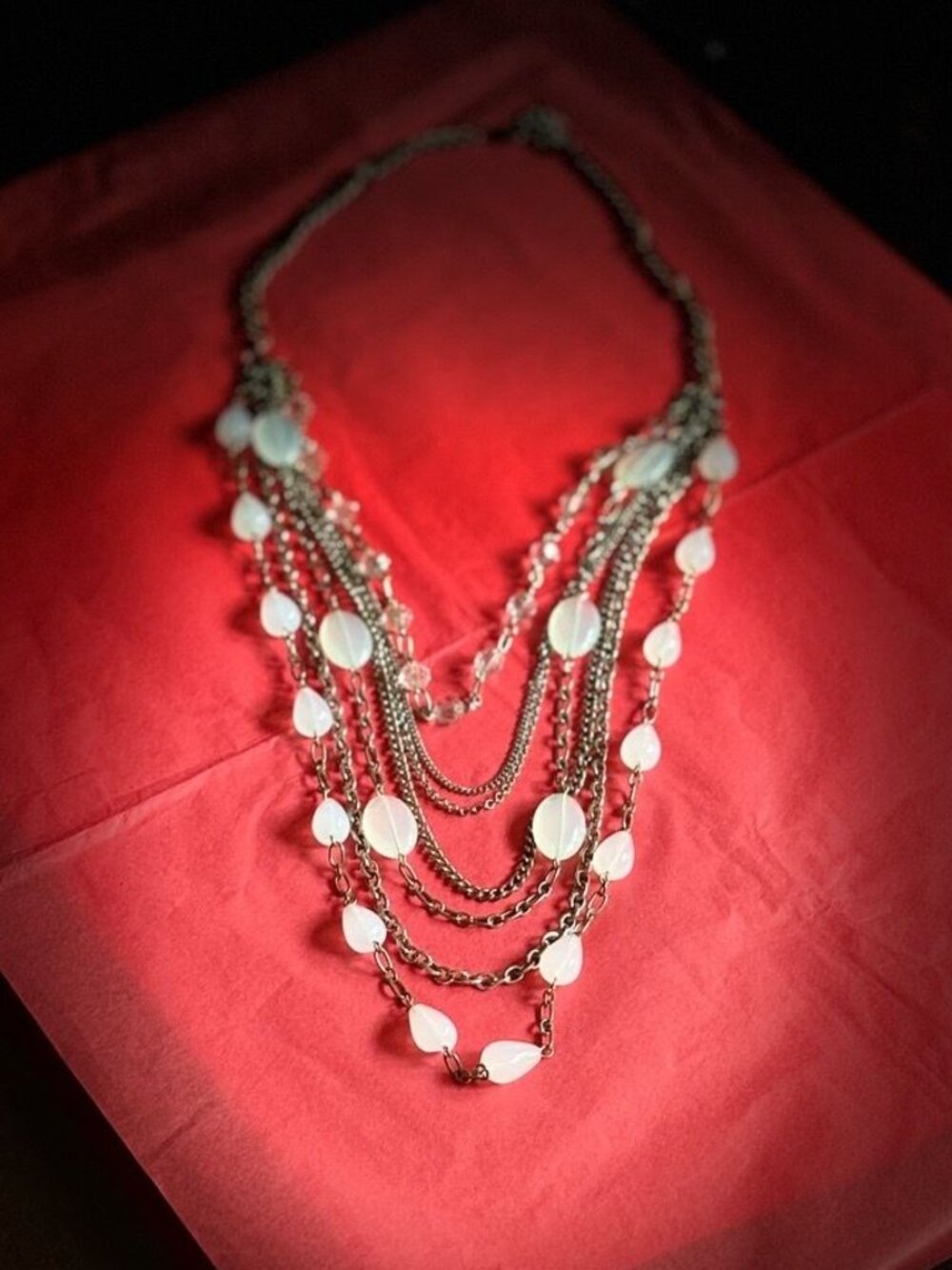 Vintage Bohemian Multi-Strand Statement Necklace | Opaline White Beads & Chain